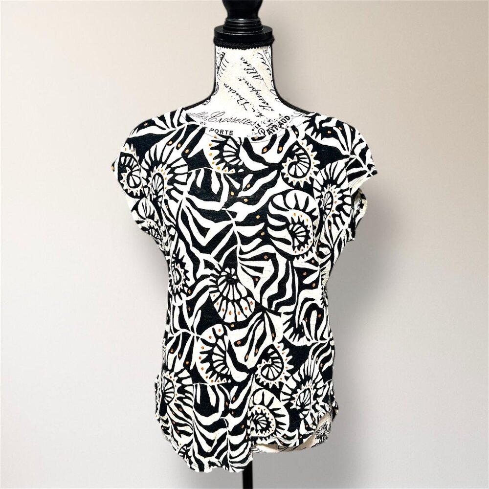 Nicole Miller S Black Cream Linen Top Abstract Print Short Sleeve Boho‎ Artsy